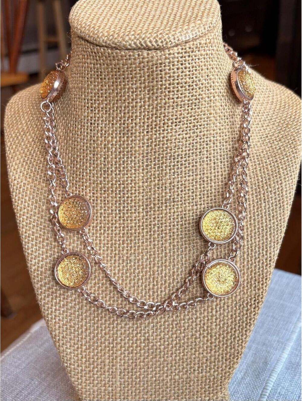 Charming Charlie Rose Gold Tone Yellow Druzy Style Station Necklace Adjustable
